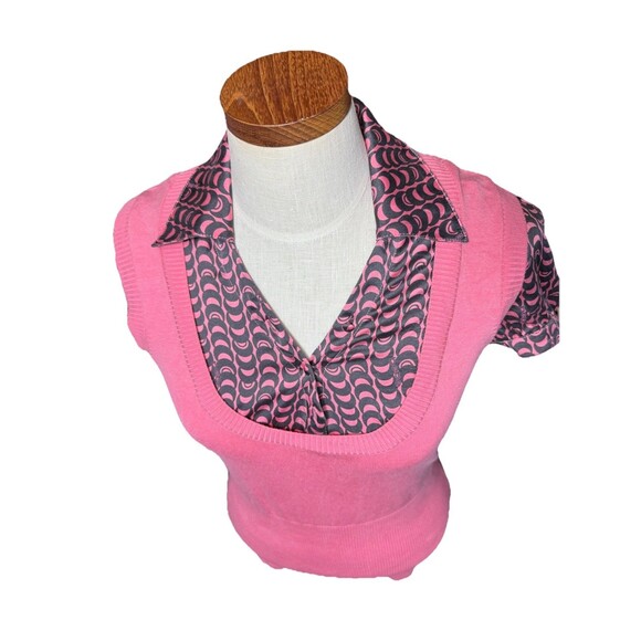 Y2K Bebe Geometric Silk Sweater Top Pink Office Siren Preppy Medium GUC - Picture 2 of 8
